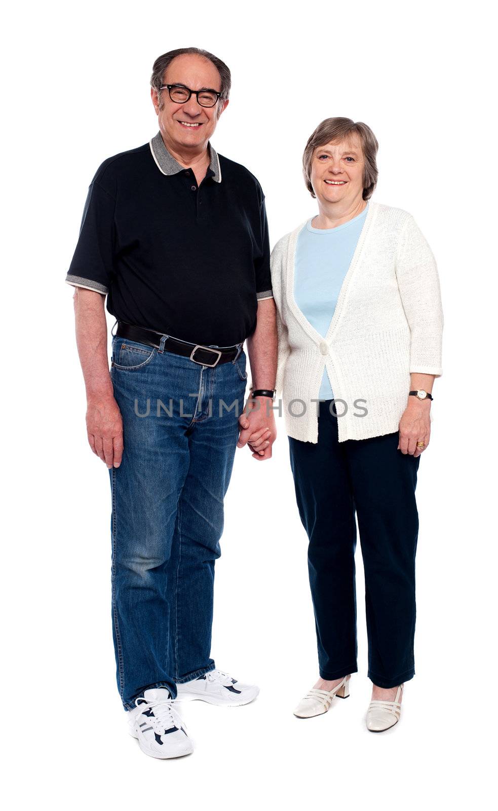 Casual love couple holding hands. Full length portrait