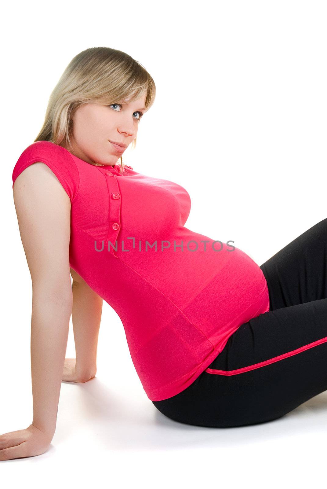 active exercises of young pregnancy woman isolated on white background