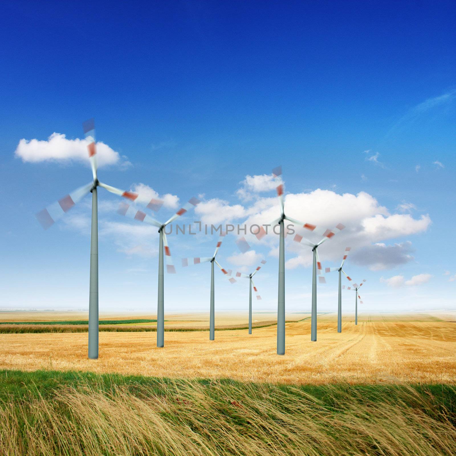 Wind turbine generate electricity on a sunny day