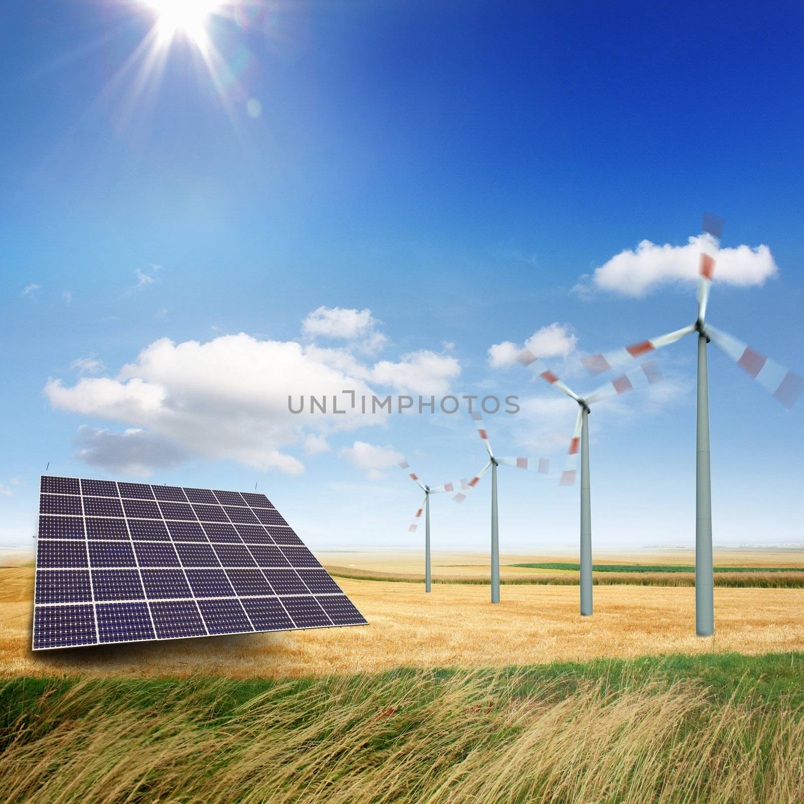 Wind turbines and solar panels by photochecker