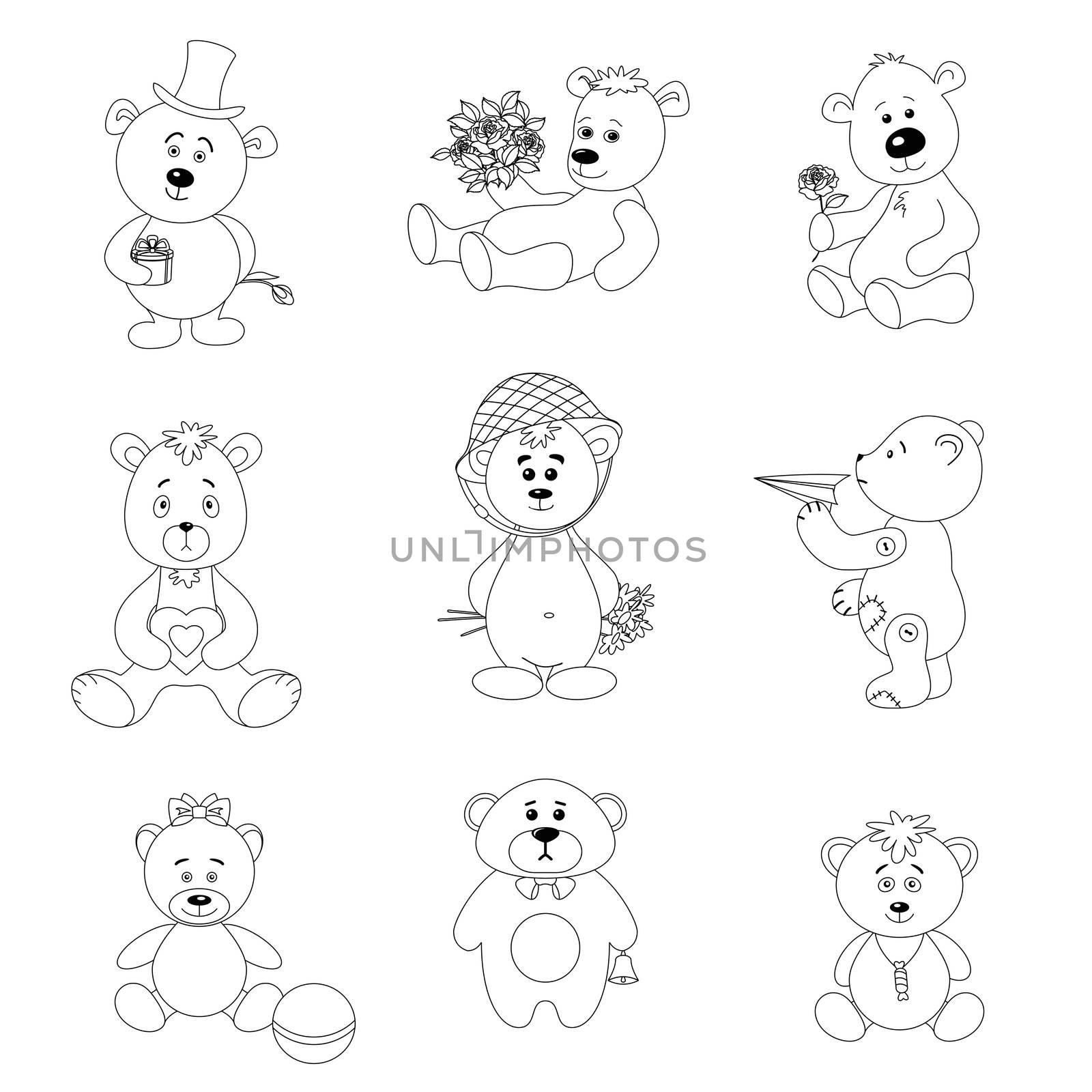 Set teddy bears with holiday greeting objects and toys, black contour on white background. Vector illustration