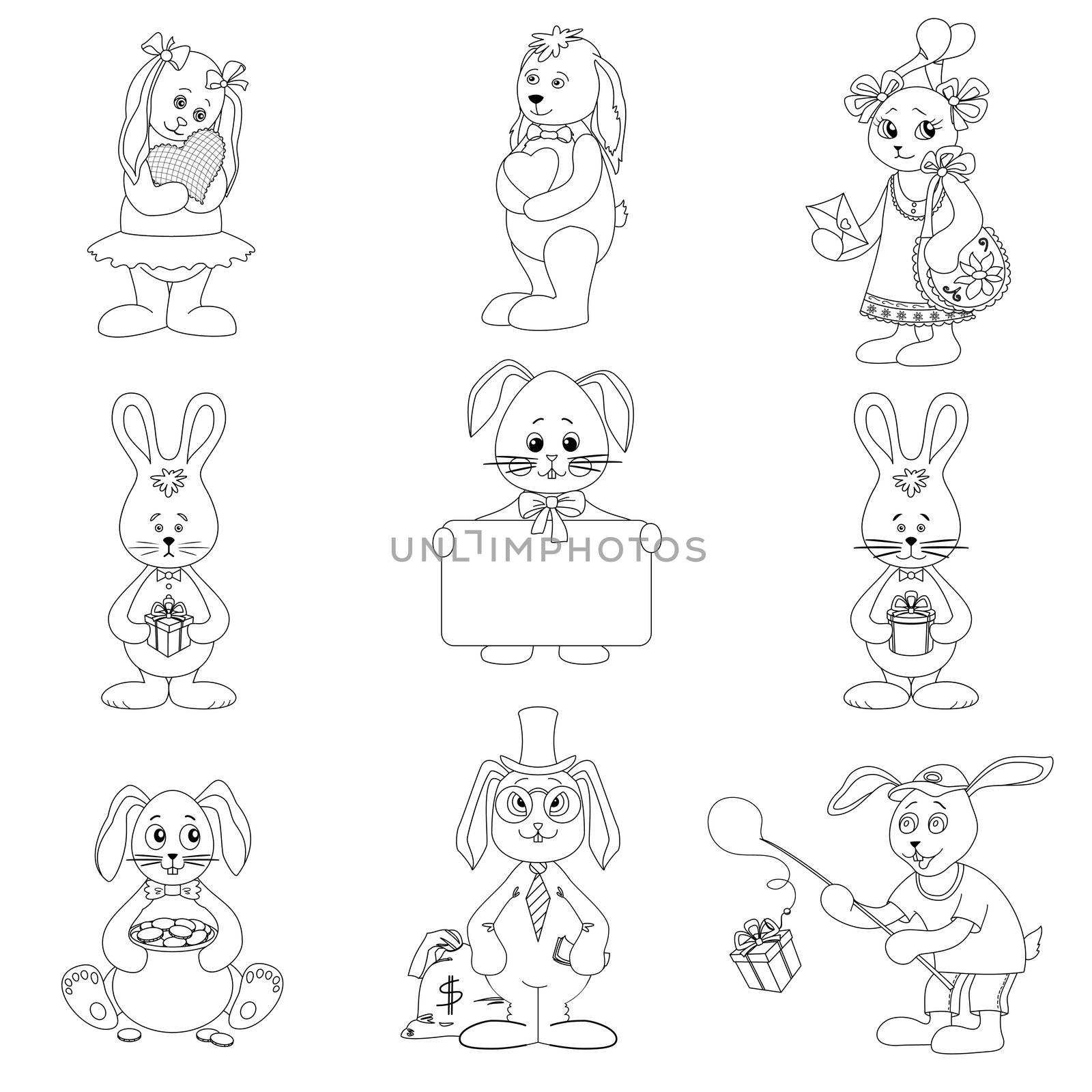 Set toy rabbits with holiday greeting objects, black contour on white background. Vector illustration