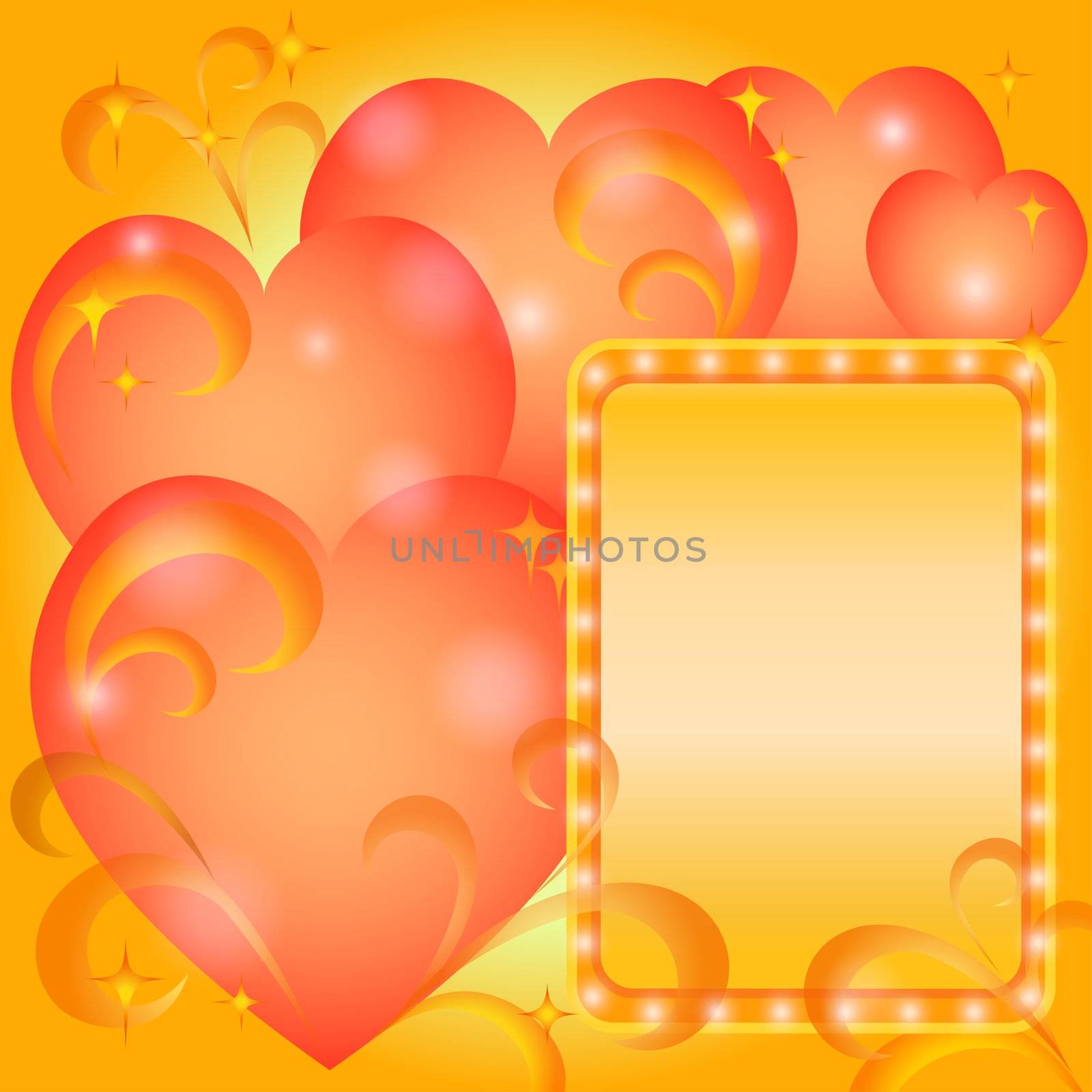 Holiday background for greetings card with Valentine hearts and frame