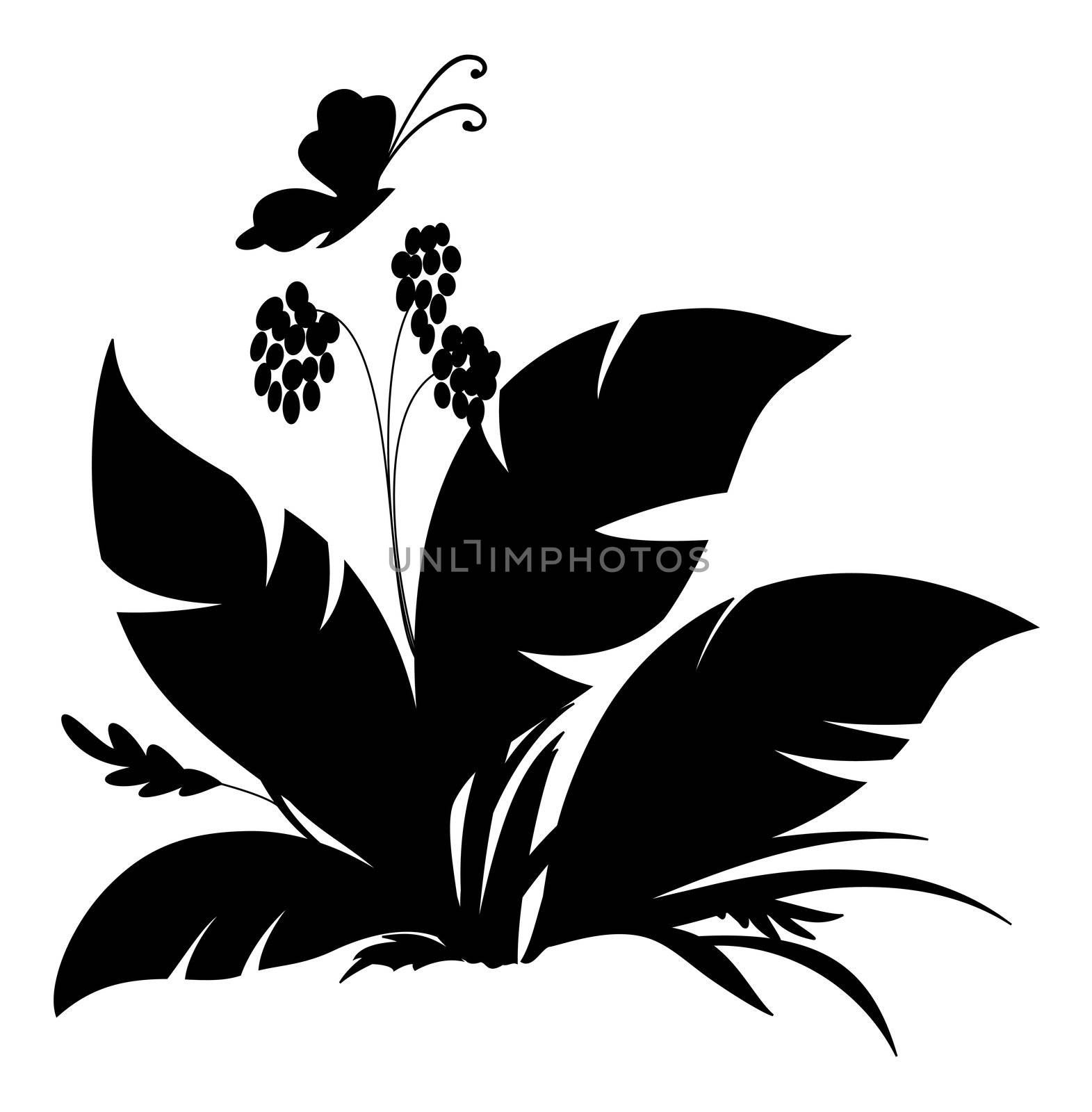 Tropical plant and butterfly, black silhouette on white background