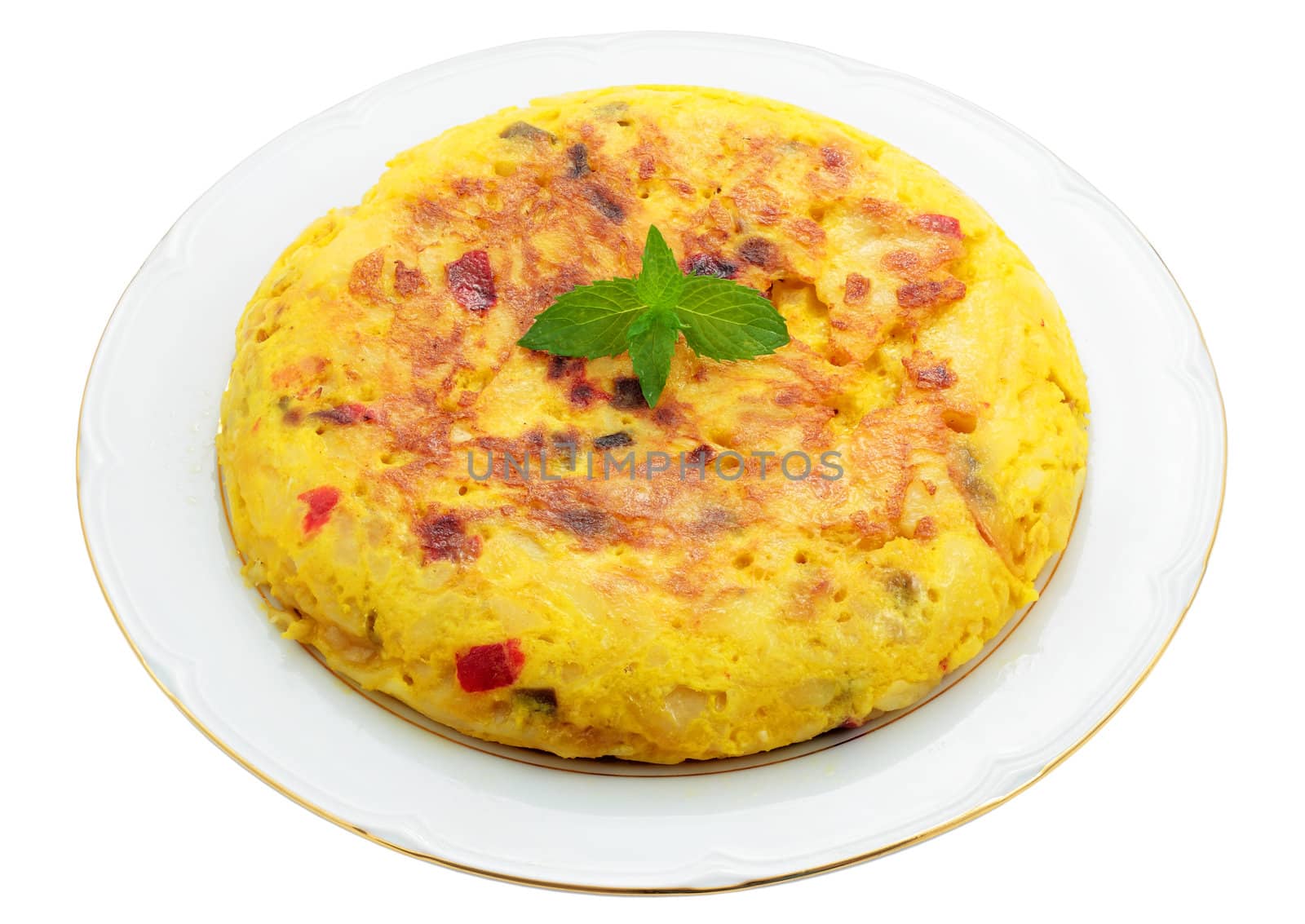 plate with traditional spanish omelet made at home with potatoes eggs peppers and onion isolated and clipped with path