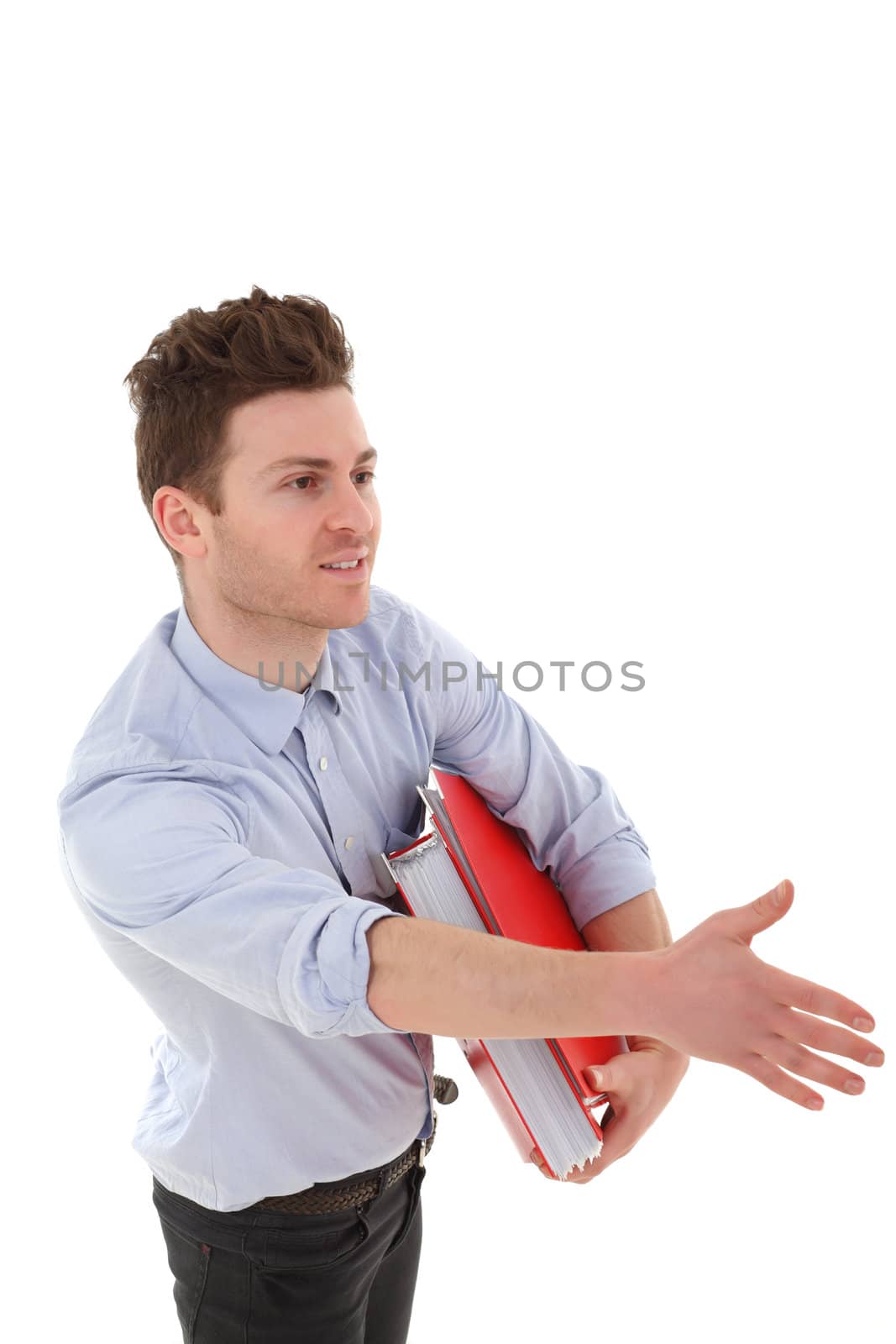 Vertical portrait of young man with folders