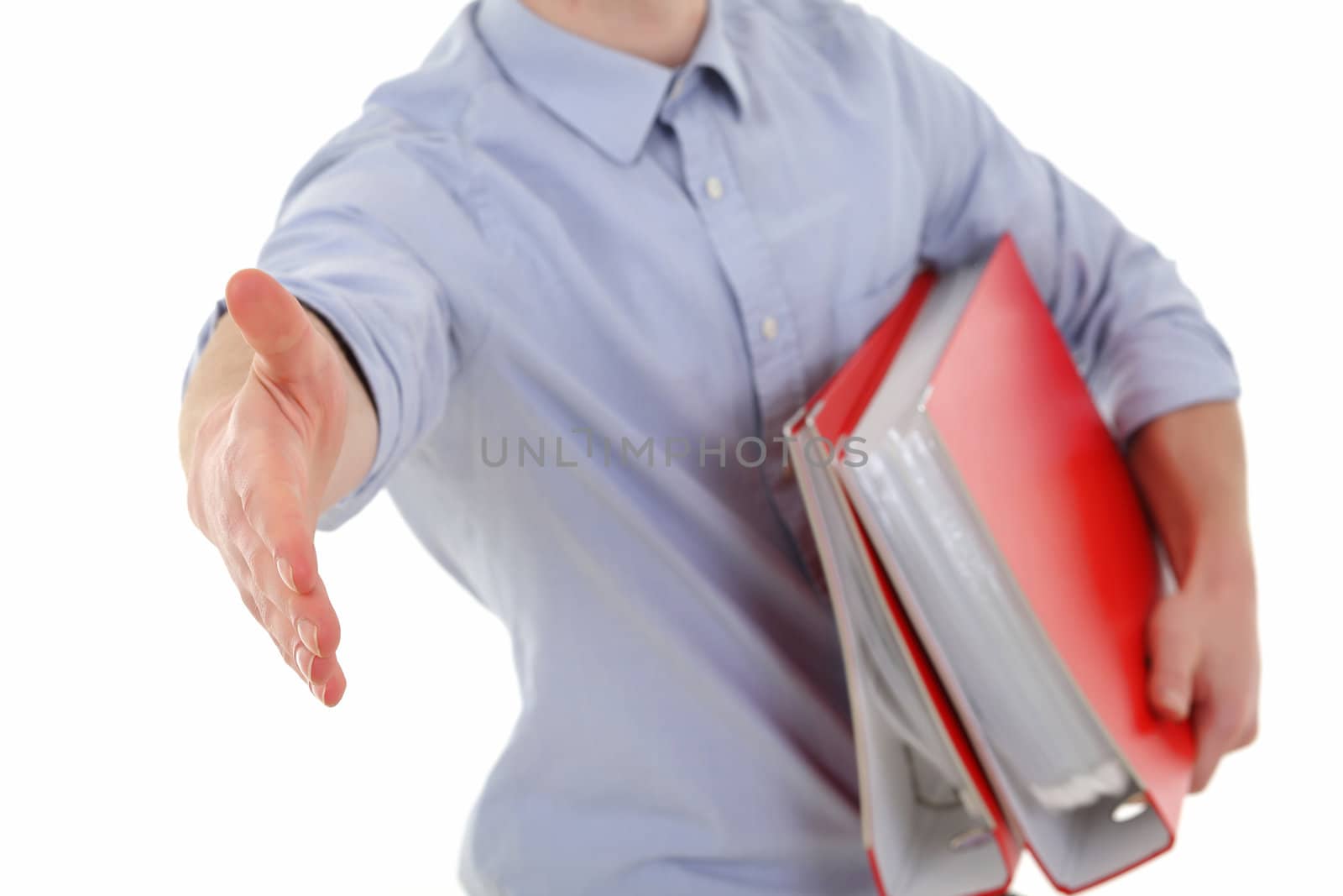 Young man in office welcome with hand