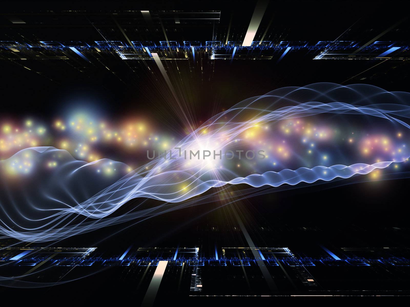 Composition of perspective fractal grids, lights, mathematical wave and sine patterns on the subject of modern technologies, science of energy, signal processing, music and entertainment