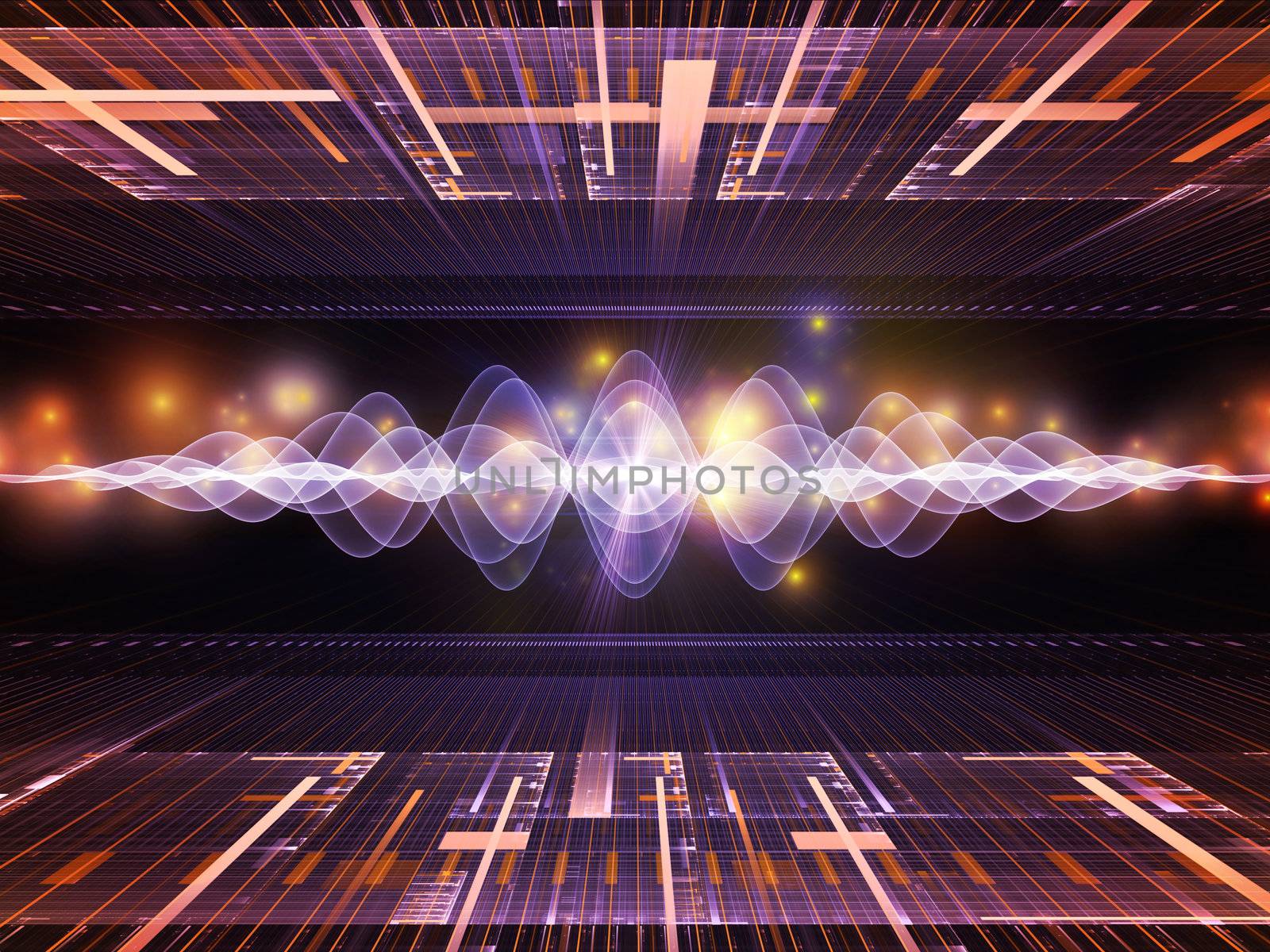 Composition of perspective fractal grids, lights, mathematical wave and sine patterns on the subject of modern technologies, science of energy, signal processing, music and entertainment