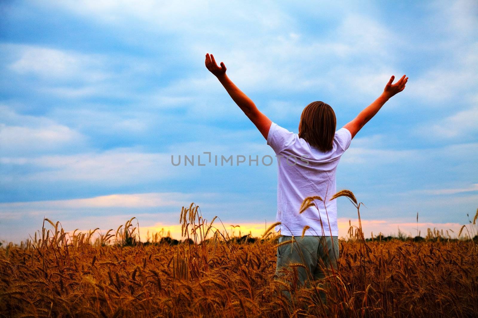 Young man staying with raised at wheat field hands at sunset time