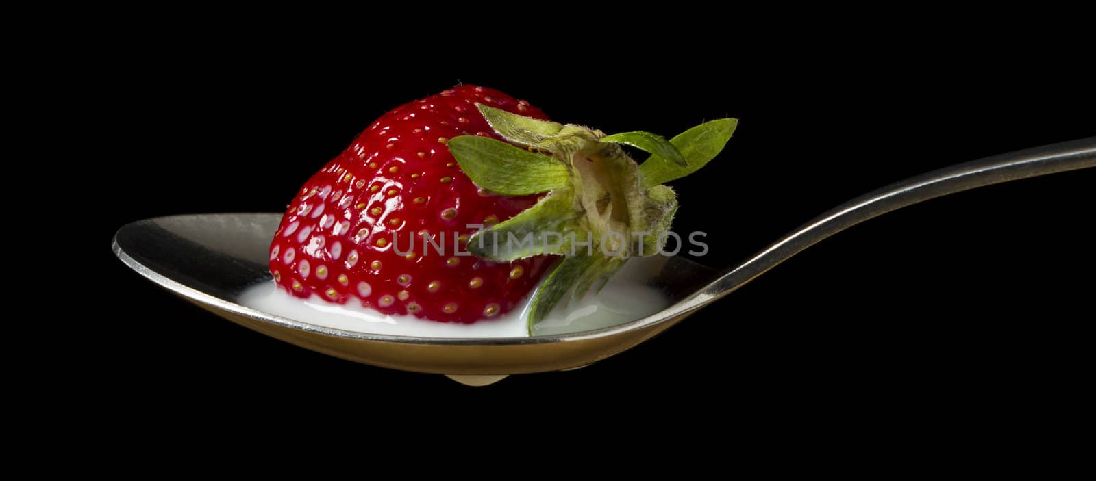 red, ripe strawberry falling in spoon with milk by gewoldi