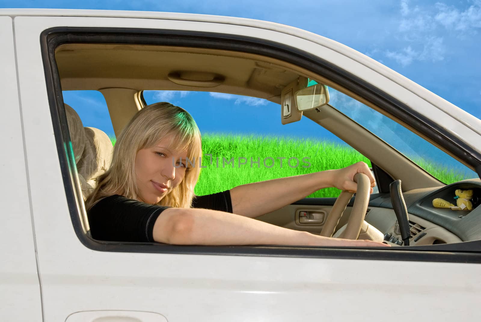 young woman driving car on nature background