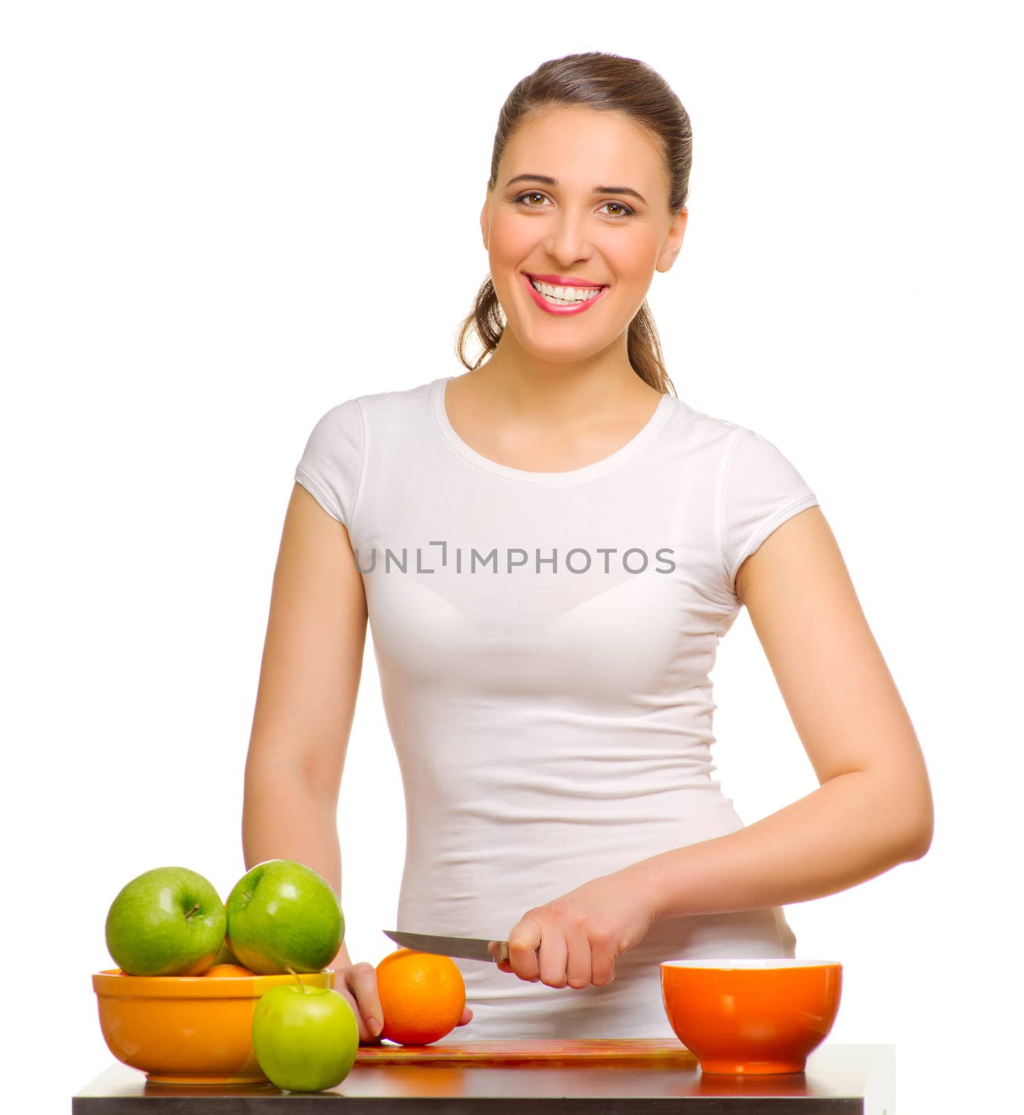 Young smiling woman with fruits isolated