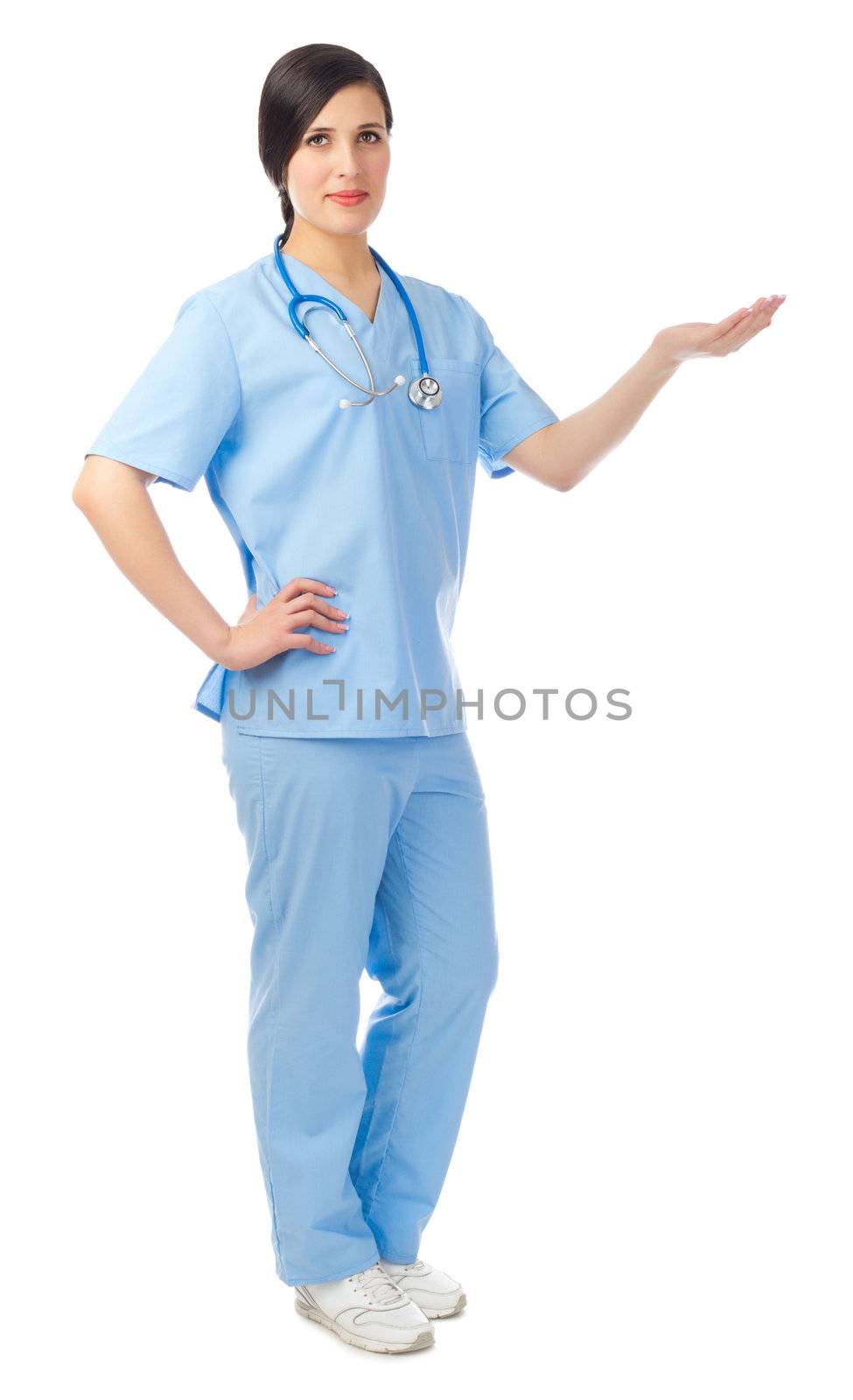 Doctor shows welcome gesture isolated