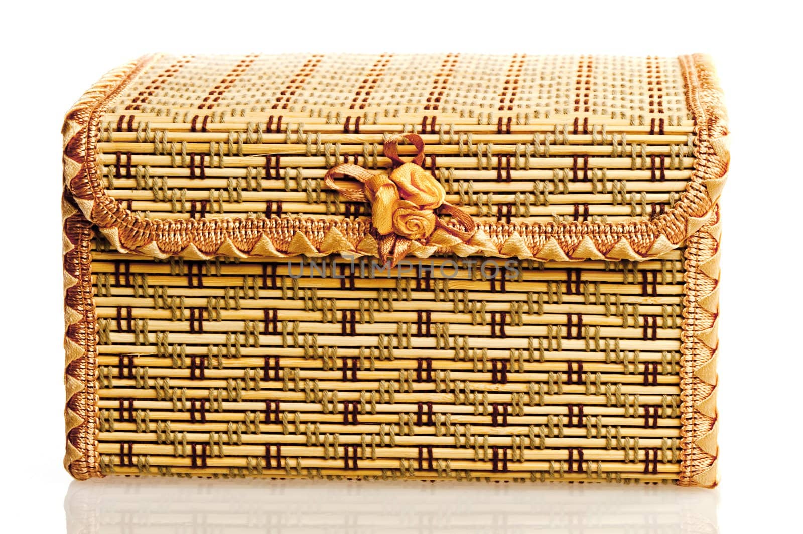 Yellow wicker box for needlework on a white background.
