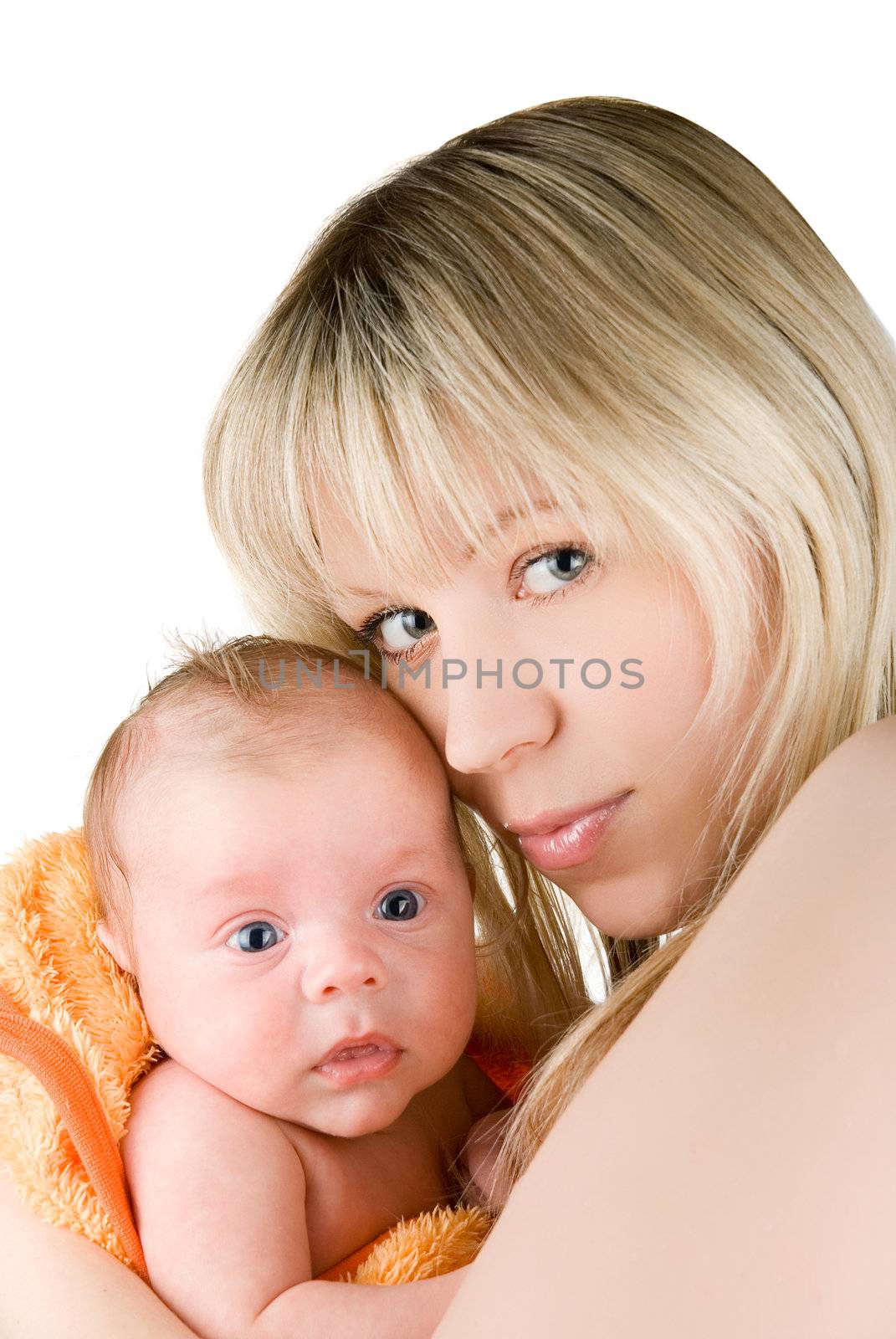 Portrait of happy mother with baby boy isolated on white
