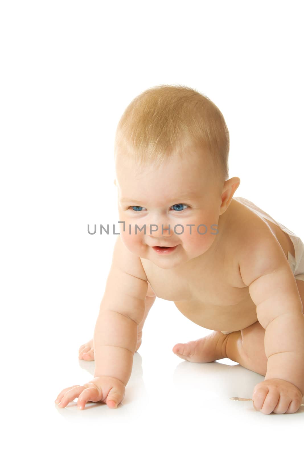 Small baby playing with spoon #9 isolated on white