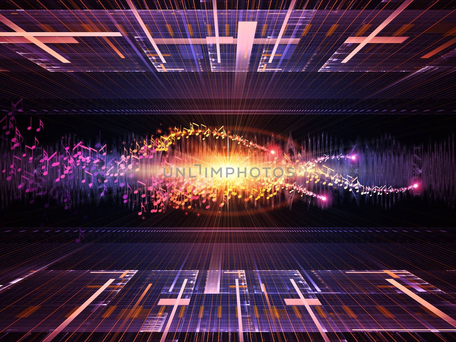 Abstract arrangement of fractal grids, lights  and musical notes suitable as background for projects on music and audio technologies