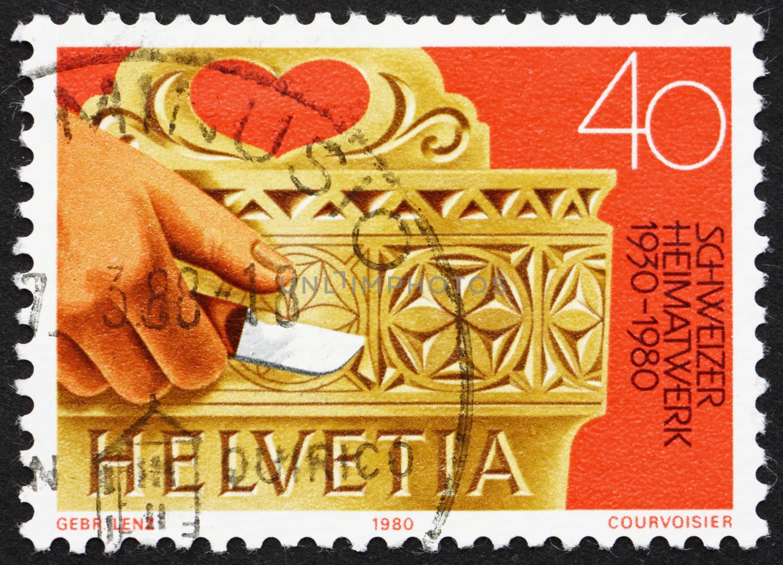 SWITZERLAND - CIRCA 1980: a stamp printed in the Switzerland shows Hand Carved Milk Bucket, Work at Home, circa 1980