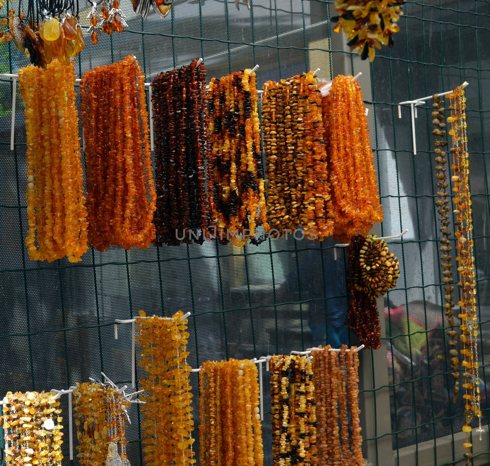 Beads and other handcrafted jewelry. Lithuanian national stone amber jewelery sold in city center.