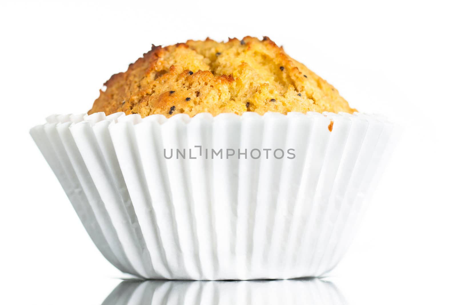 Close-up of a freshly home baked banana muffin with poppy seeds. Isolated on white.
