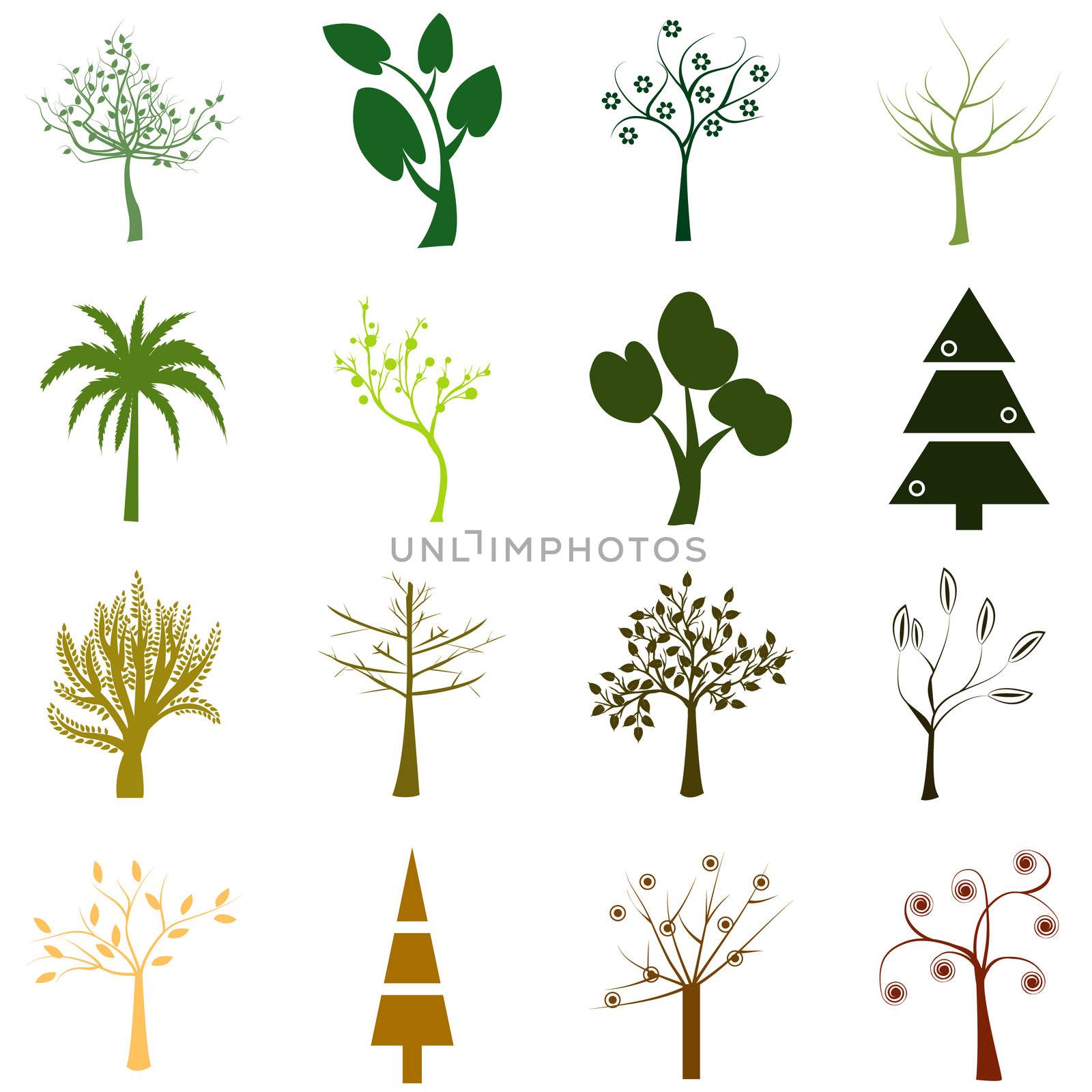 Set of trees isolated over white background