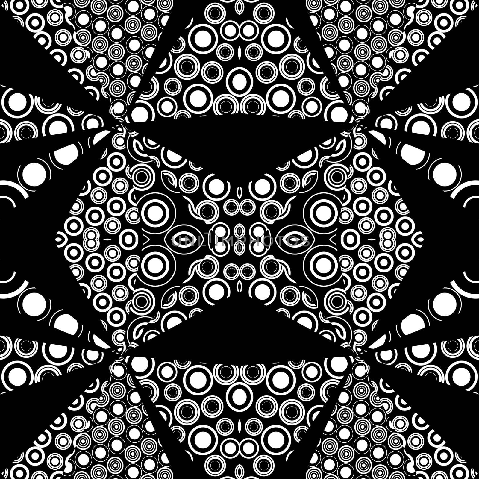 Black and white kaleidoscope background made of circles and dots