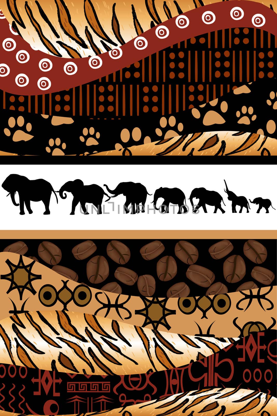 African background made of ethnic motifs and elephants silhouettes