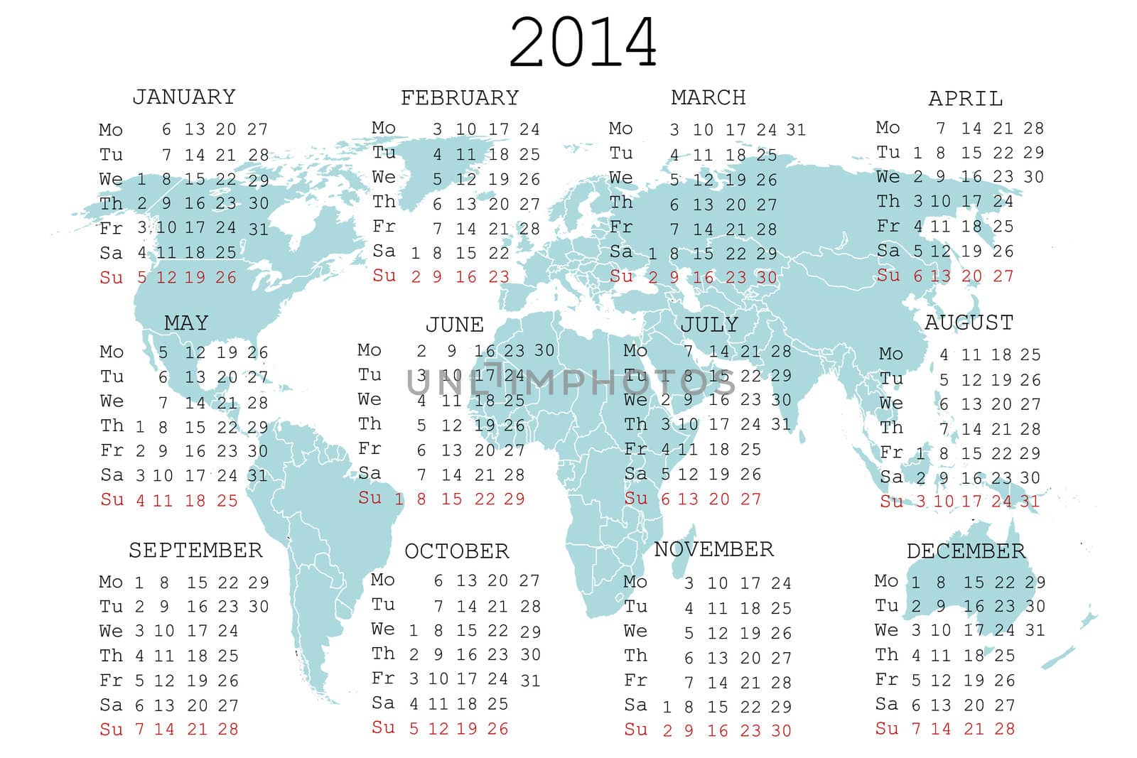 2014 calendar with blue map for your notebook or agenda
