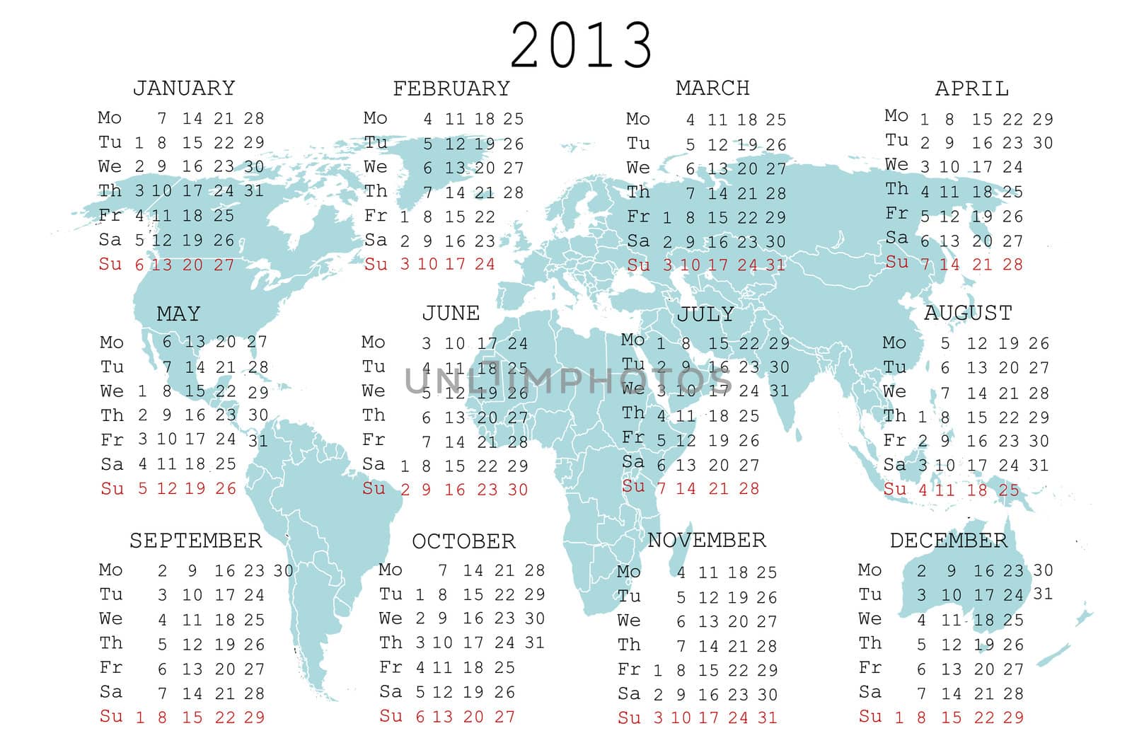 2013 calendar with blue map for your notebook or agenda