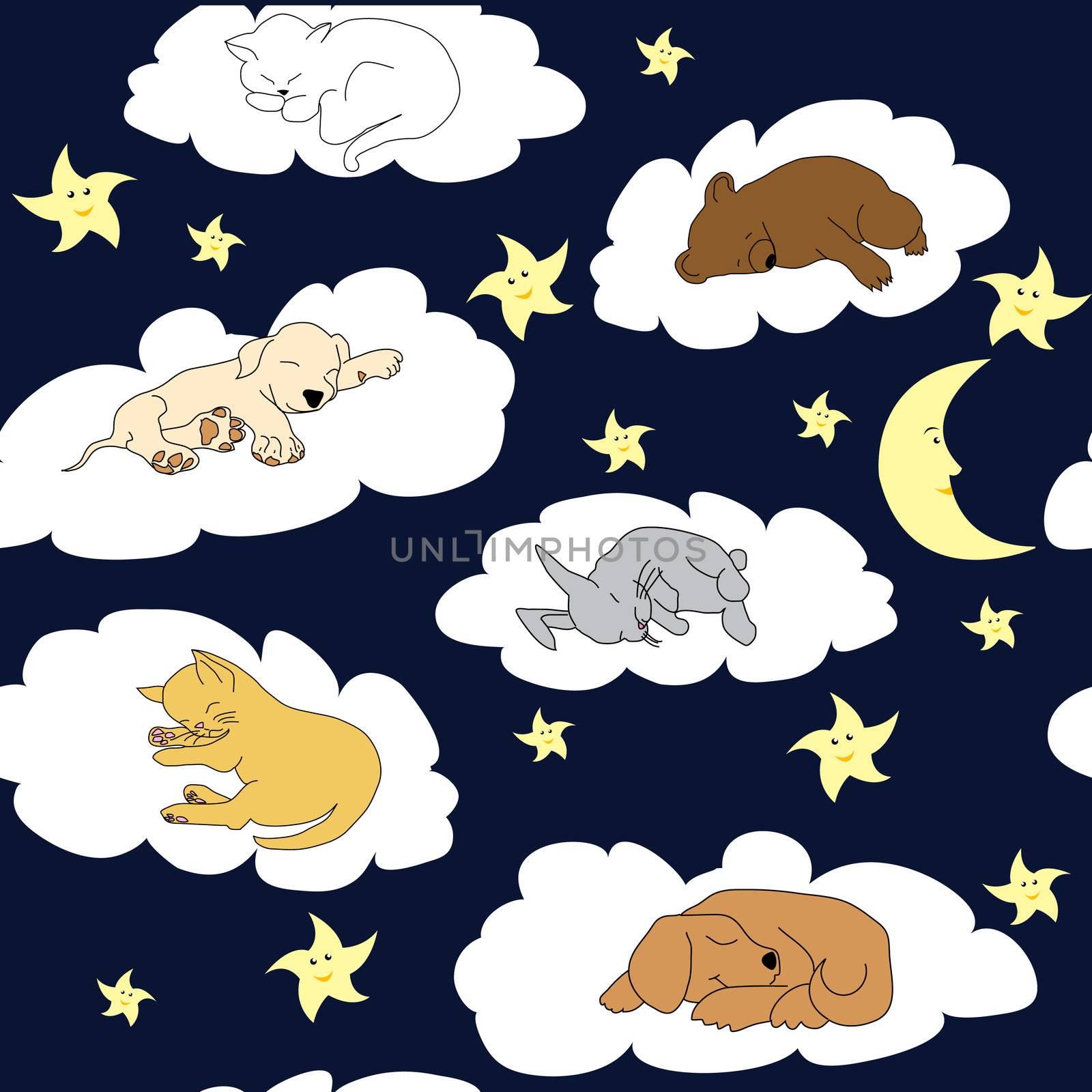 Night sky background with sleeping cute cartoon animals by hibrida13