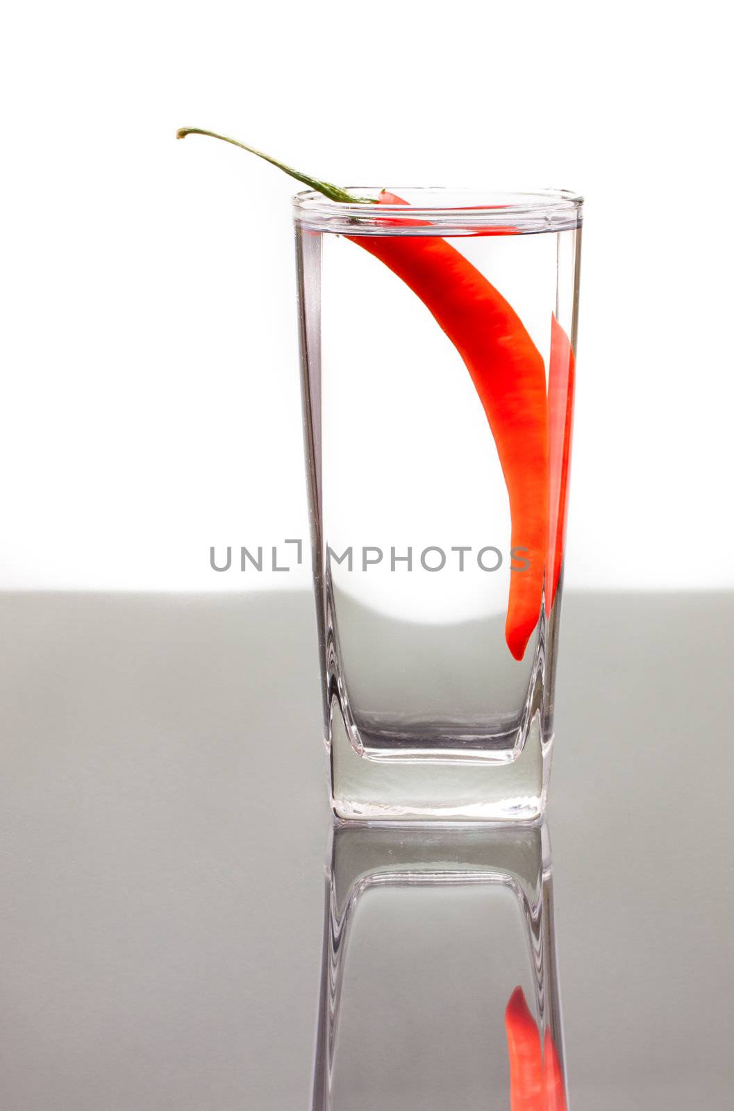 A clear alcoholic drink with a red chilli pepper. On table with reflection and isolated over white