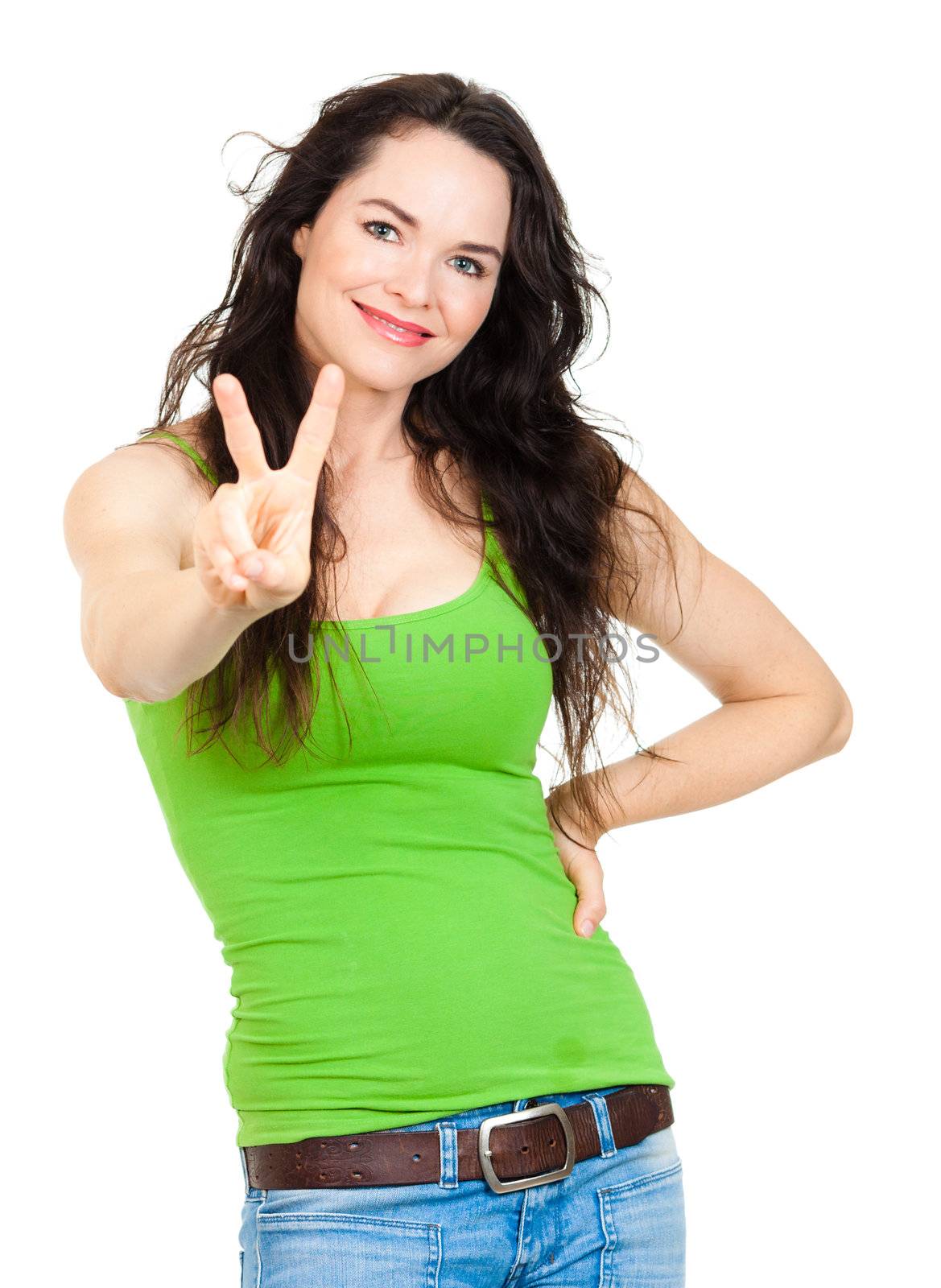 A beautiful young confident woman doing a peace sign. Isolated over white.