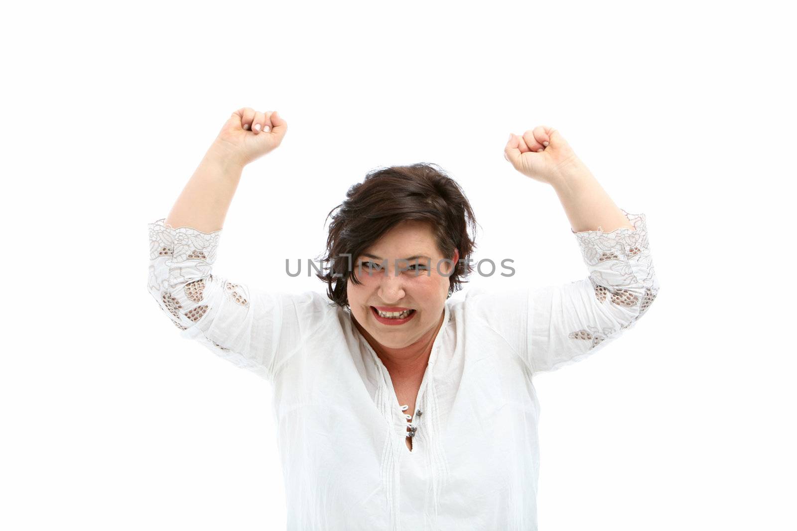 Middle - aged woman rejoices and is happy - isolated on white