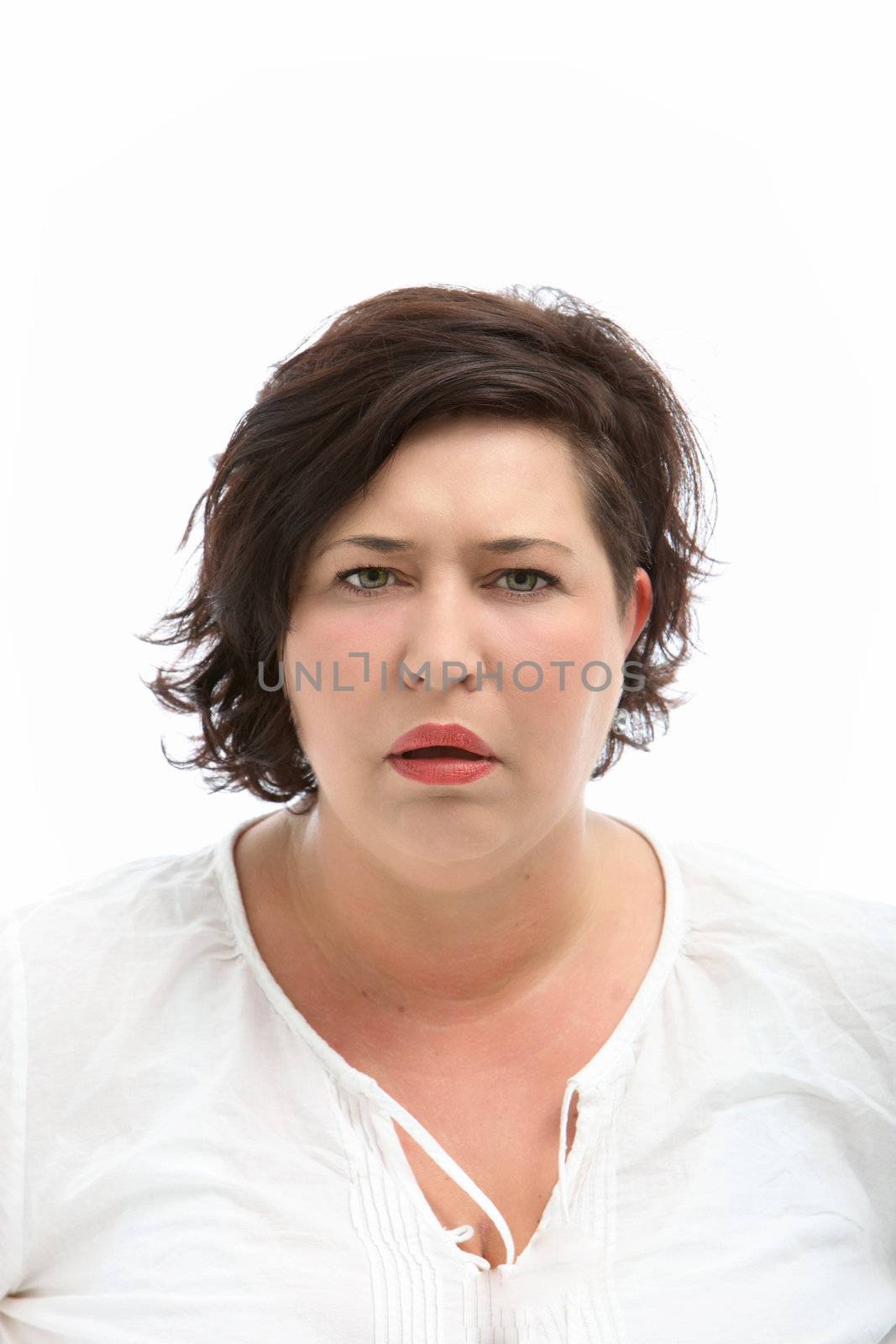 Woman looks stupid and questioning - cutout on white