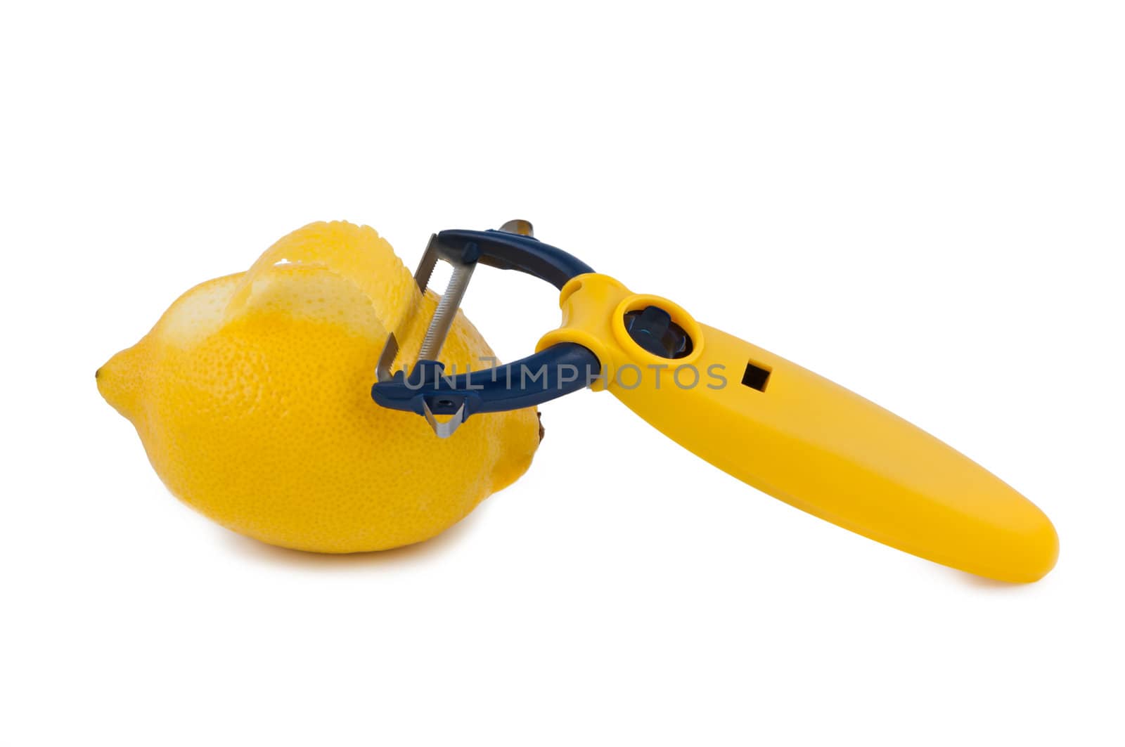 Fruit-knife with lemon isolated on white background.