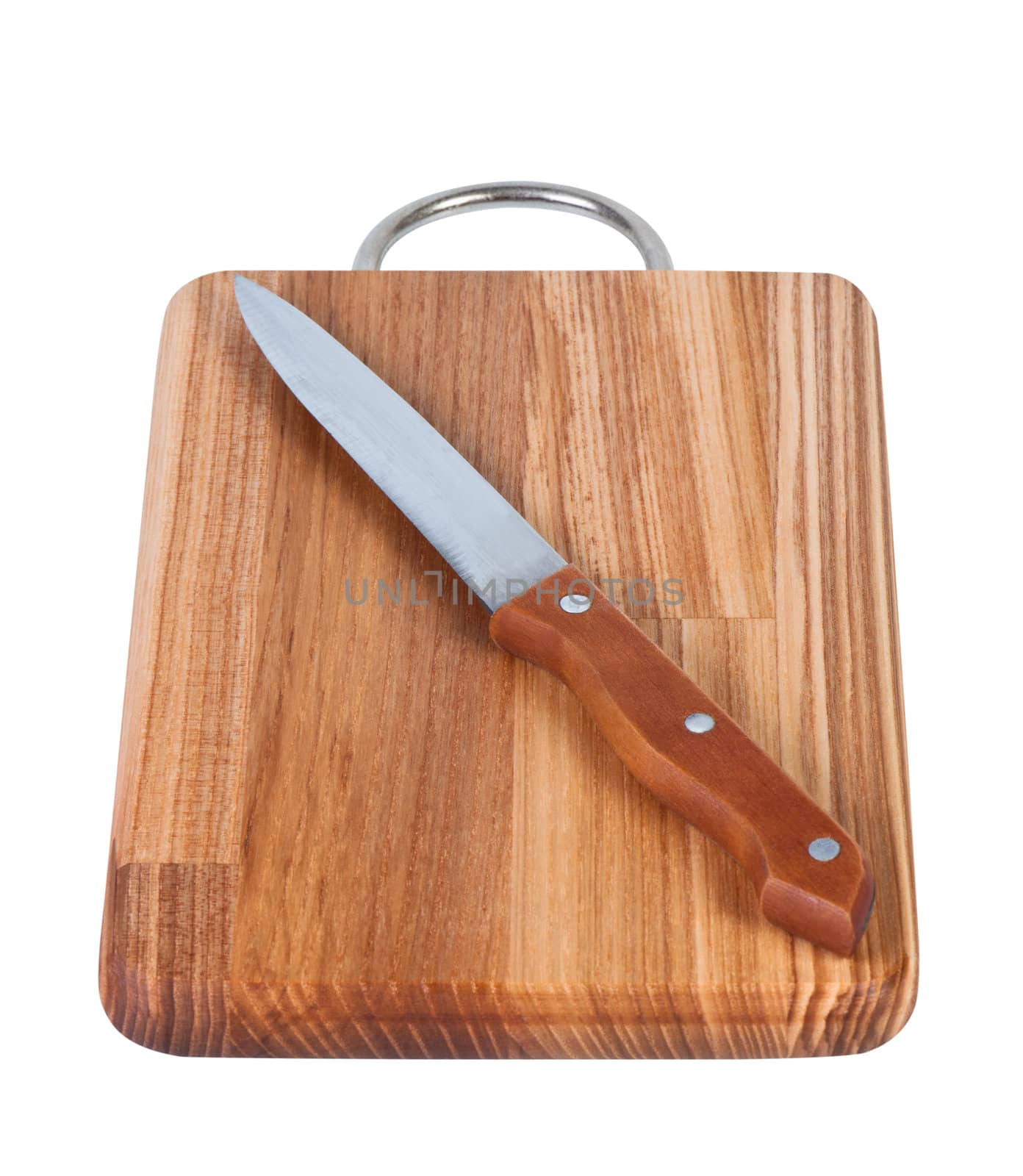 Kitchen knife on a cutting board isolated on white background.