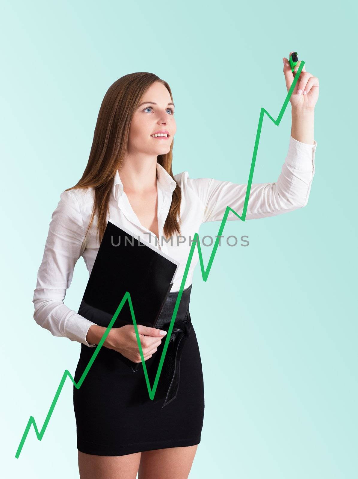 Young Businesswoman in white blouse and black skirt drawing a chart