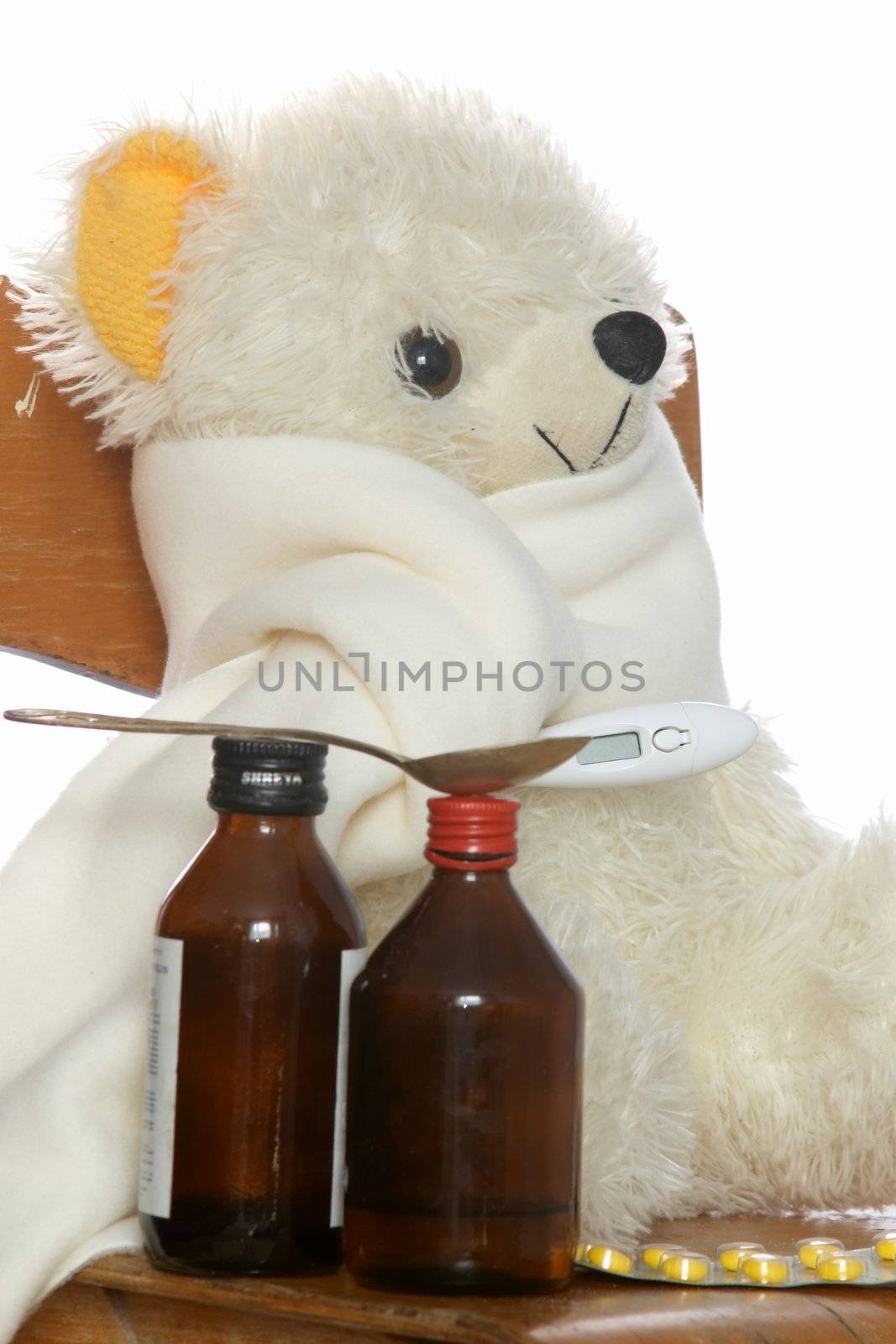 Toy white bear sitting on a chair