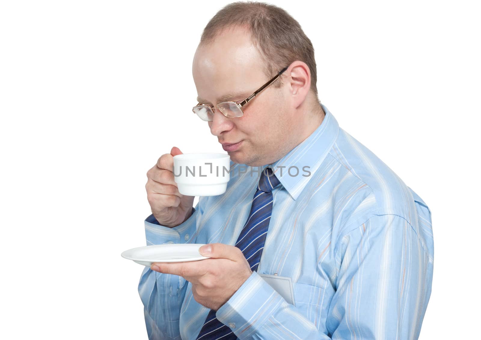 Young man with glasses drinking tea isolated on white background