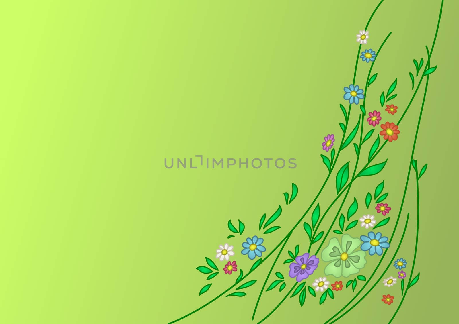 Abstract background: lianas with leaves and flowers on a green