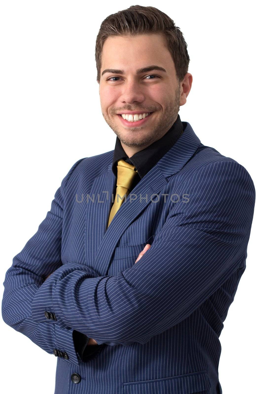 A young sympathetic businessman in a Blue suit with a golden tie