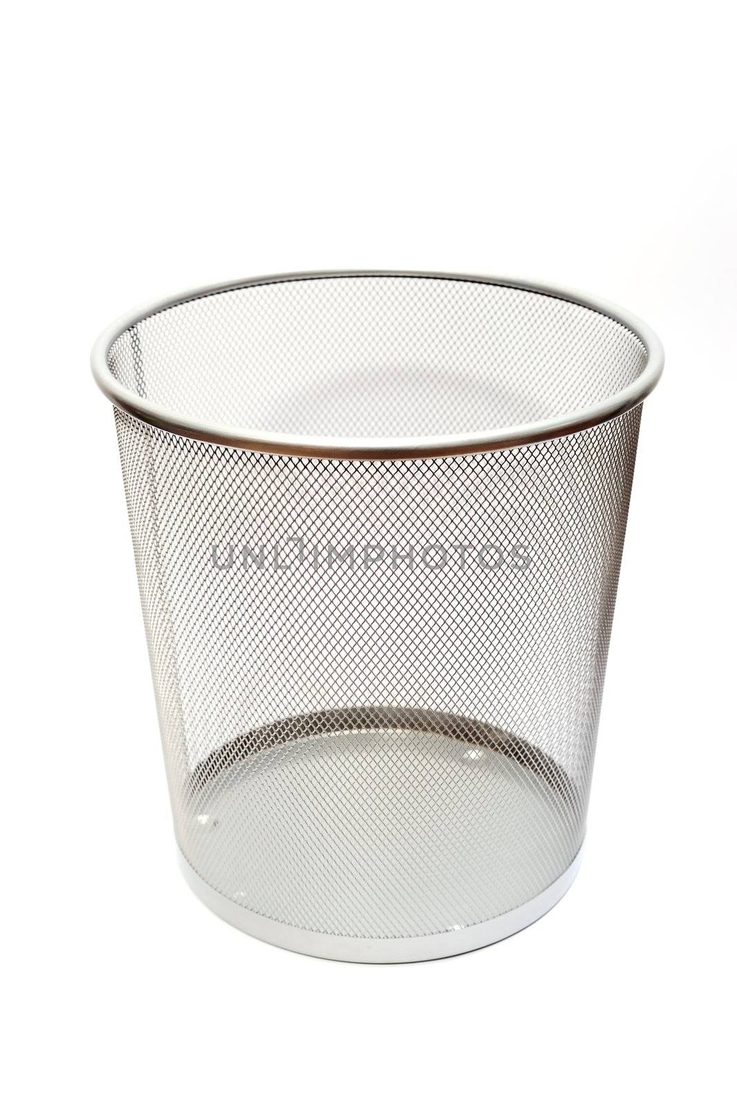 Silver mesh trash basket empty on white background