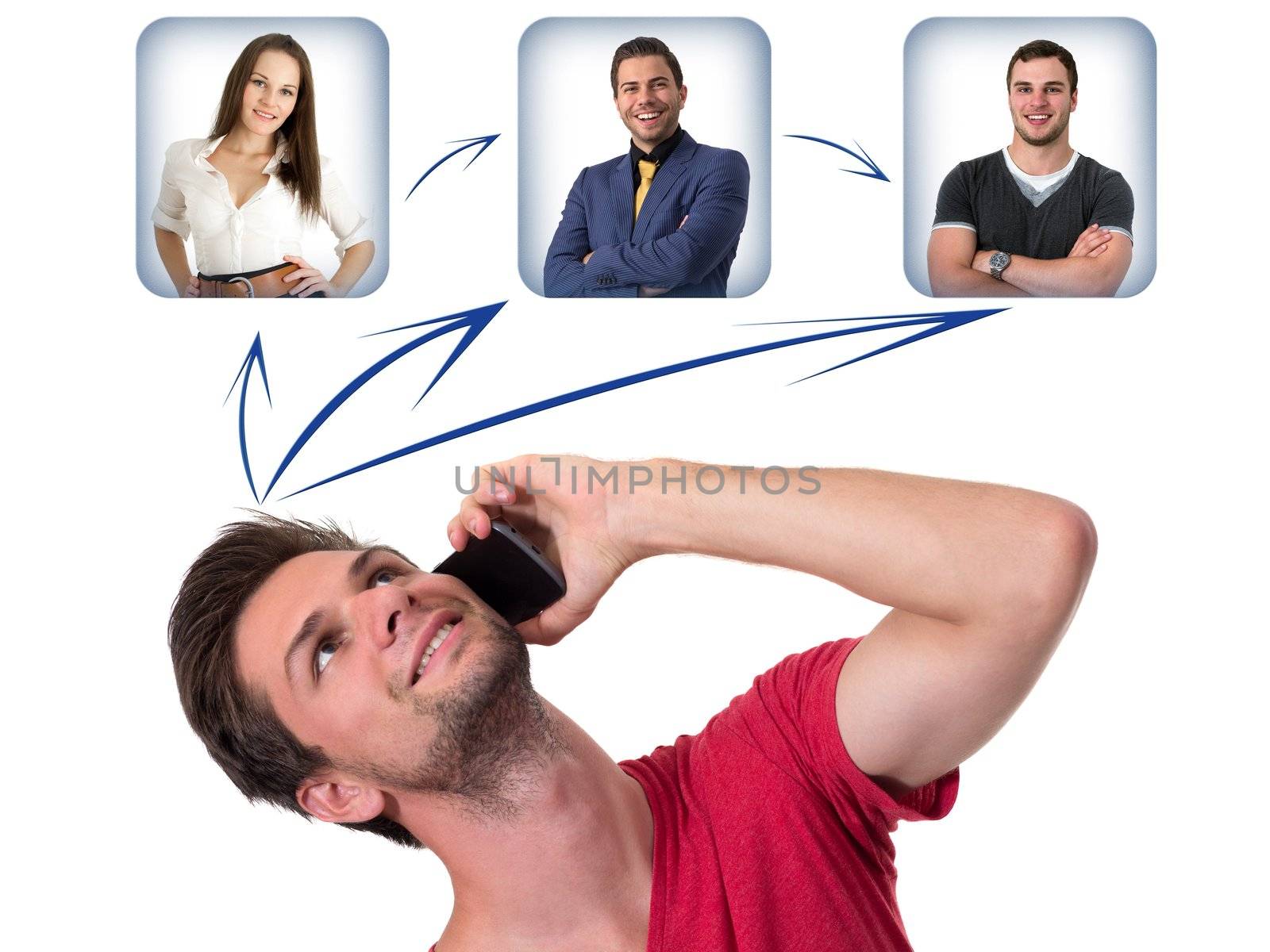 Young Man talking on the phone and networking with friends