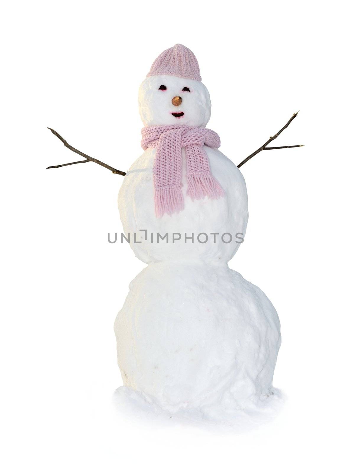 An image of snowman in pink. Isolated on white.