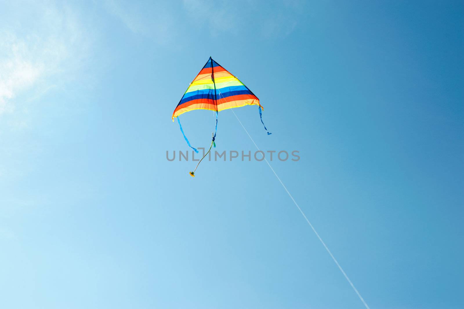 An image of a bright kite in the blue sky