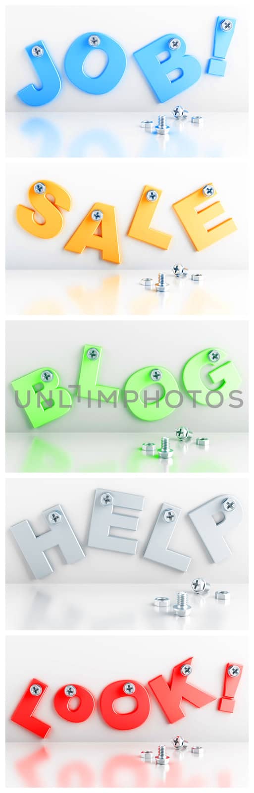 varicolored words attached with bolts on a white background