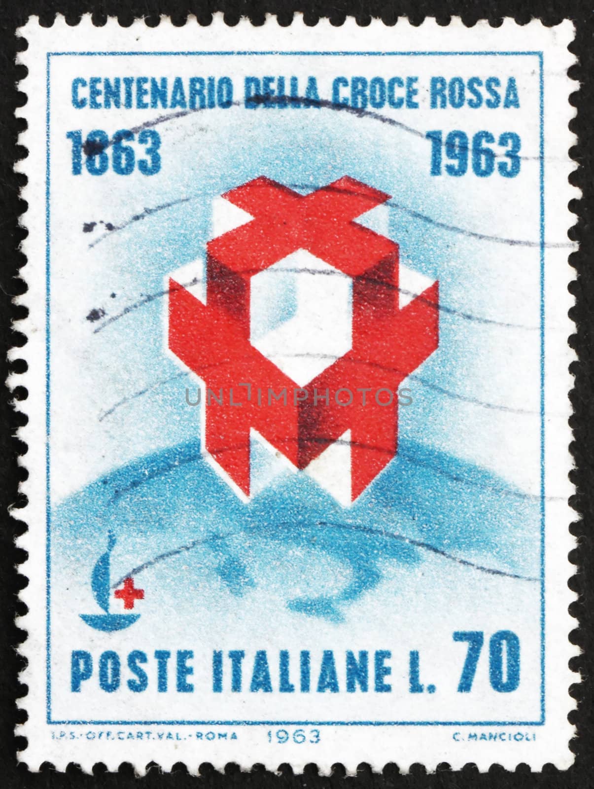 ITALY - CIRCA 1963: a stamp printed in the Italy shows Crosses and Centenary Emblem on Globe, Centenary, of Founding International Red Cross, circa 1963