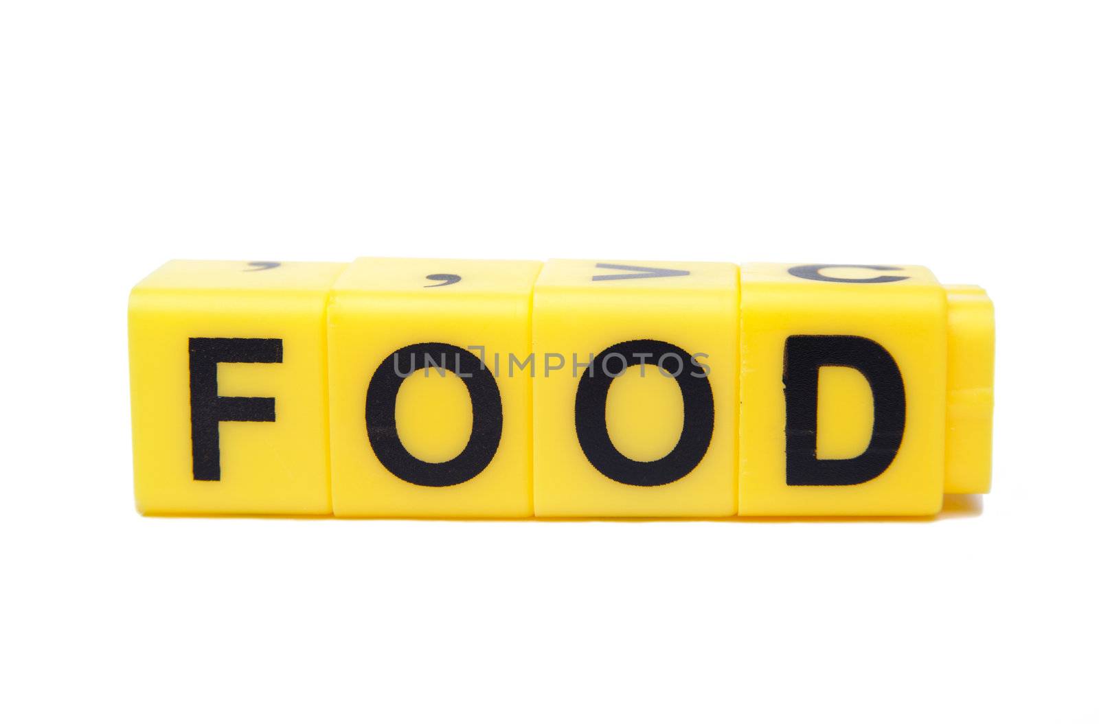 An image of yellow blocks with word ''food'' on them