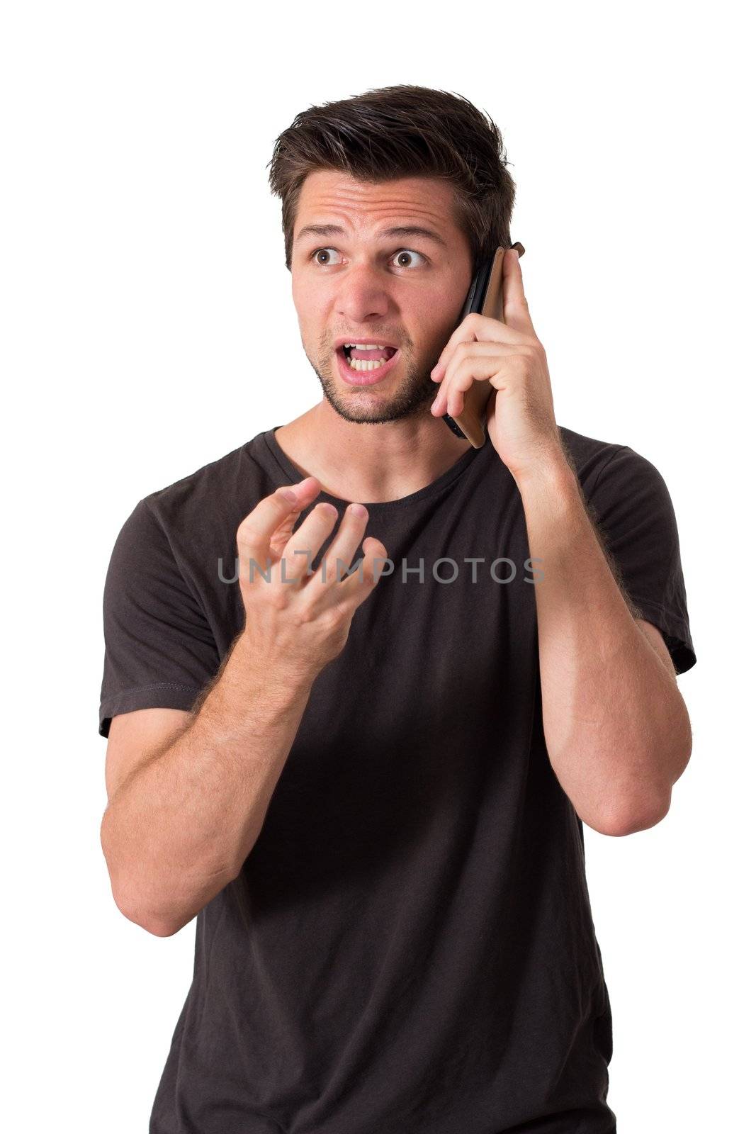 Young Man very angry talk on phone by dwaschnig_photo